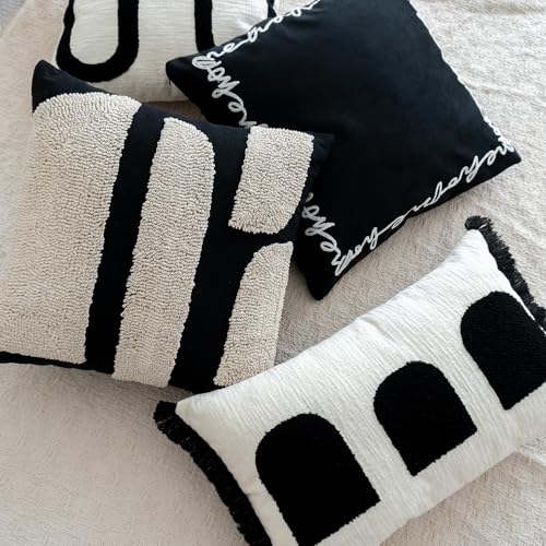 Black White Boho Fringe Tasseled Pillow Cover, Neutral Decorative Rectangular Throw Pillow Case, Geometric Modern Sham for Bed Couch Living Room, 12x20 inches, 1PCS - color: White, size: 20" x 12" (Pack of 1)