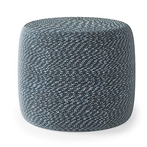 SIMPLIHOME Bayley Round Pouf - 20 inch Wide Handcrafted Braided Cotton Pouf in Aegean Blue and Natural, Transitional Footstool for Living Room or Bedroom with Polystyrene Filling, Assembled - color: Aegean Blue and Natural