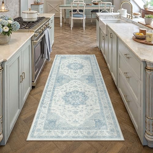 PureCozy Blue Runner Rug 2x6 Washable Vintage Carpet for Hallway Kitchen Soft Retro Low Pile Thin Indoor Runner Non Slip Oriental Medallion Long Throw Rug for Bathroom Bedroom Laundry Dining Room - color: Blue, size: 2' x 6' (Runner)