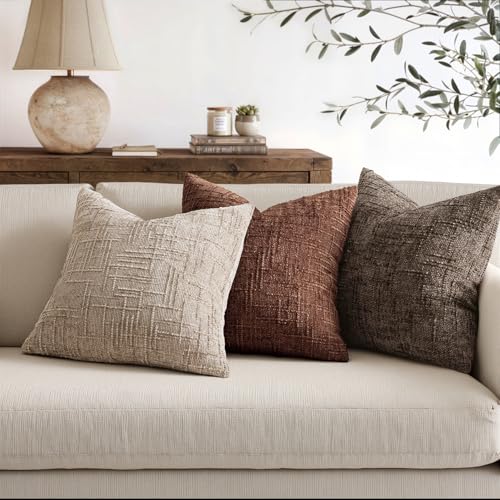 MIULEE Textured Throw Pillow Covers Thick Chenille Decorative Pillows Brown 20x20 Inch Set of 2 Modern Boho Farmhouse Home Decor Neutral Cushion Covers for Couch Sofa Living Room Bedroom - color: Brown, size: 20" x 20" (Pack of 2)