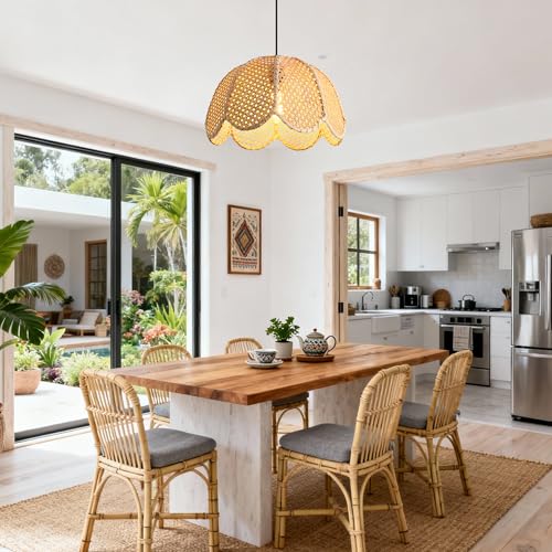 Boho Rattan Pendant Light, 16" Wicker Chandelier for Dining Room, Hand-Woven Flower Shaped Ceiling Light, Natural Farmhouse Hanging Lamp for Kitchen Island, Bedroom, Living Room, Adjustable Cord, E26 - color: D3050