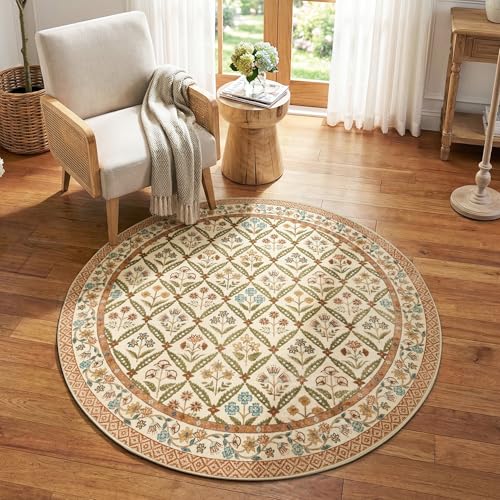 jinchan Haden Round Rug 5ft Vintage Floral Washable Rug for Entryway Kids Room Soft Non-Slip Low Pile Circle Carpet Nursery Living Room Reading Nook Cottage Indoor Decor Terracotta - color: Terracotta, size: 5' (Round)