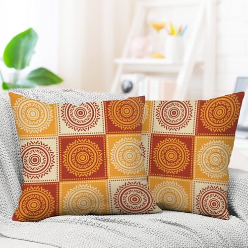 Boho Yellow Orange Mandala Decorative Throw Pillow Covers 18 x 18 Set of 2, Bohemian Vintage Abstract Circular Floral Porch Outdoor Home Decor, Geometric Flower Ethnic Sofa Couch Cushion Case