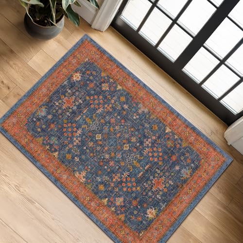 Hazo Haus Washable 2x3 Entry Rug Front Door Indoor, Farmhouse Small Area Rugs for Kitchen, Bathroom, Entrance, Non Slip Rubber Backed, Perfect for Boho Décor (2x3 Navy Blue) - color: Blue / Terracotta, size: 2' x 3' (Rectangular)