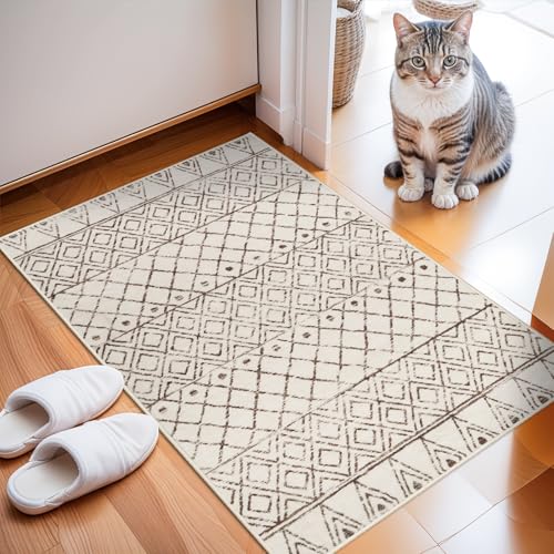 Small Rug 2x3 Washable - Moroccan Kitchen Area Rugs Low Pile Indoor Mat Non Slip with Rubber Backing Soft Area Rug Pet Friendly for for Entryway Front Door Bedroom 2x3 Geo Beige - color: Geo Beige, size: 2' x 3' (Rectangular)
