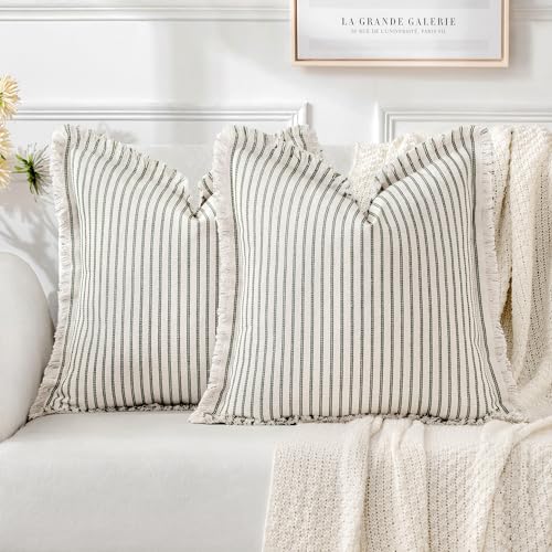 MIULEE Pack of 2 Olive Green Christmas Pillow Covers 18x18 Inch Striped Farmhouse Couch Spring Throw Pillow Covers with Fringe Chic Linen Decorative Cushion Covers for Sofa Living Room Bed Home Decor - color: Olive Green, size: 18" x 18" (Pack of 2)