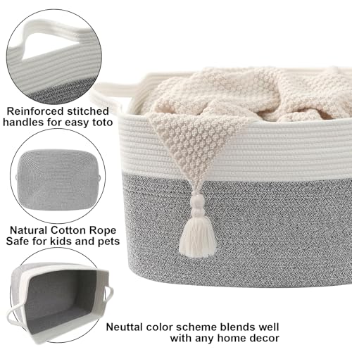 Large Blanket Basket,Woven Rope Basket Storage Bin with Handles,65L Rectangle Laundry Basket for Magazines,Toys,Clothes,Newspaper Shelf Organization,Nursery and Living Room,White&Grey - color: White & Grey, size: 21"x16"x12"(65L)