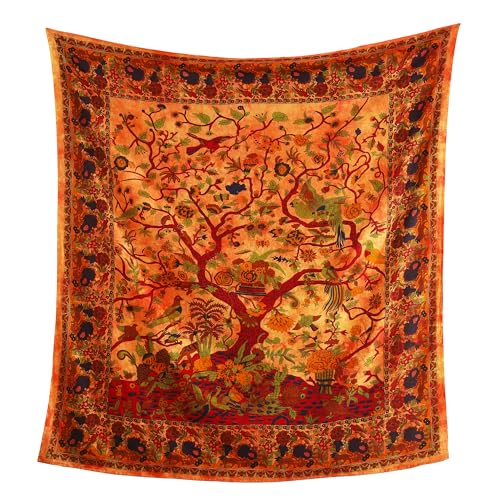 Popular Handicrafts Tapestry Wall Hanging Hippie Tree of Life Bohemian Hippy Psychedelic Intricate Floral Design Indian Tapestries Bedspread 90x84 Inches,(230cm x 215cm) Orange - color: Orange, size: 90"L x 84"W