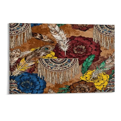Boho Feather Fringe Art Wall Art Decor Framed 18x12 Inch, Wall Decor Poster for Bedroom Living Room Office Decor (Wooden Inner Frame) - size: 18"L x 12"W