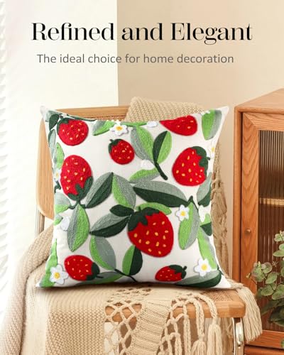 Embroidered Throw Pillow Cover - 18x18 Decorative Pillow Cover with Zipper Aesthetic Cute Design Boho Spring Summer Throw Pillowcase for Living Room Couch Sofa Bed, Leaf Strawberry - color: Leaf Strawberry, size: 18" x 18" (Pack of 1)