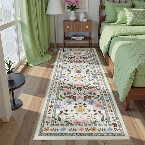 Deerly Floral Runner Rug 3x8 for Hallway Vintage Boho Washable Bathroom Kitchen Bedroom Runner Rugs Non-Slip Soft Low Pile Thin Indoor Carpet for Laundry Room Farmhouse Flower, Beige/Green/Multi - color: Beige/Green/Multi, size: 3' x 8' (Runner)