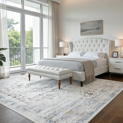 8'x10' Rugs for Living Room Bedroom, Washable Area Rugs, Pet & Kid Friendly Low Pile Carpet, Non-Shedding Non-Slip TPE Backing, Vintage Distressed Print Floor Mat for Bedroom Dining Room, Blue - color: Blue, size: 8x10