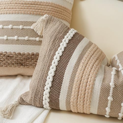 BlissBlush Brown Decorative Throw Pillow Cover 18x18 Square Boho Accent Pillowcase Tassels Farmhouse Cushion for Couch Sofa Bedroom Livingroom Home Décor Cover ONLY (Pack of 1) - color: Brown, size: 18" x 18" (Pack of 1)