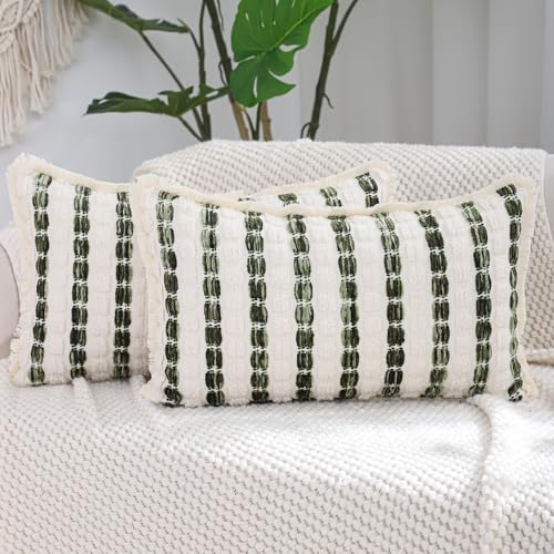 LUOYEHK Chenille Striped Throw Pillow Covers 12x20 Inch Set of 2 Boho Decorative Pillowcases with Fringe Farmhouse Neutral Green and Beige Cushion Covers for Couch Sofa Bed Living Room - color: Green and Beige, size: 20" x 12" (Pack of 2)