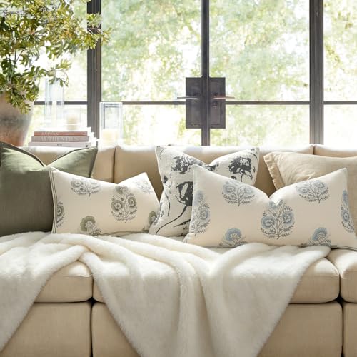 Vintage Floral 14x24 Lumbar Pillow Cover for Bed Pack of 1, Double-Sided Botanical Print Decorative Long Pillowcase Farmhouse Neutral Cushion Cover for Sofa Couch Living Room, Light Blue (Cover Only) - color: Light Blue, size: 24" x 14" (Pack of 1)