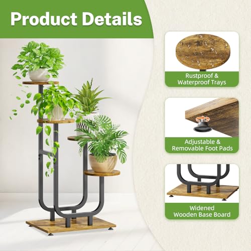iDavosic.ly 4 Tier Plant Stand Indoor, Corner Tiered Multiple Flower Holder Shelf with Wooden Trays, Orchid Display Metal Rack for Patio Porch Living Room Balcony Outdoor, Modern Black & Rustic Brown - color: Rustic Brown, size: 4 Tiers