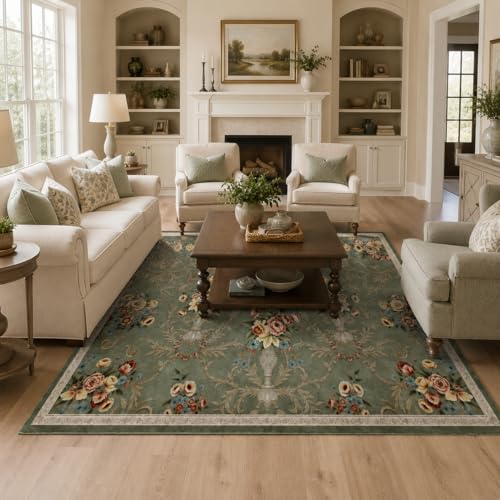 Helthep 5 * 7 Vintage Floral Area Rug, Washable Non-Slip Green, Soft Low Pile French Country Rug for Bedroom Living Room Dining Room, Pet Friendly Easy Care Rug - color: Green, size: 5' x 7' (Rectangular)