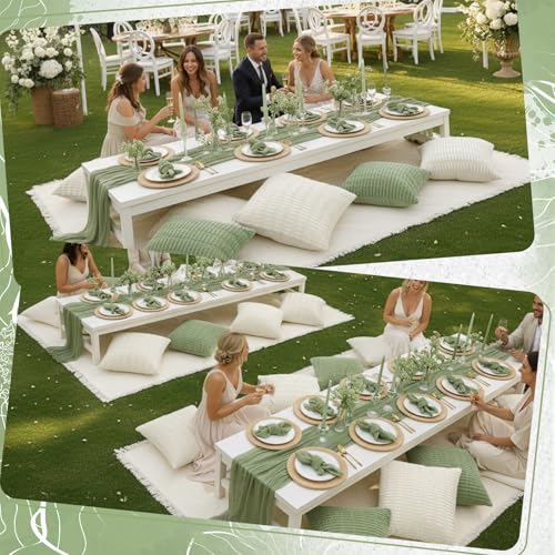 Beeveer 91 x 71 Extra Large Outdoor Boho Picnic Blanket with Sage Green Table Runner, 6 Throw Pillow Covers 6 Napkins Woven Cotton Yarn Oversize Beach Blanket Washable Picnic Camp Wedding - color: Sage Green