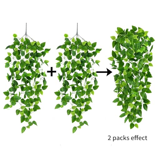CEWOR 2pcs Fake Hanging Plants for Room Decor, 3.6ft Artificial Ivy Pothos Vine for Wall Living Room Patio Indoor Outdoor Home Shelf Office Decor (No Baskets)