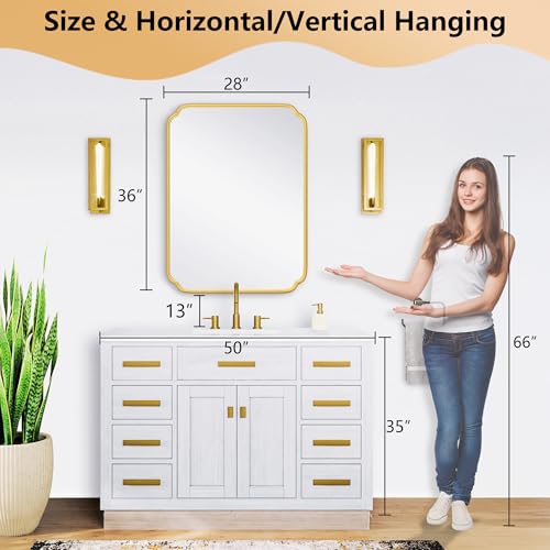 Ferytange 28"x36" Gold Bathroom Mirror with Rustproof Metal Frame, Modern Rounded Corner Wall Mirror for Vanity Over Sink, Horizontal/Vertical Hanging - color: Gold, size: 36"L x 28"W