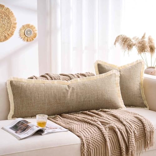 14x36 Pillow Covers Long Khaki Boho Faux Linen Decorative Fringed Rustic Woven Textured Burlap Lumbar Pillow Covers for Bed Sofa Bedroom Living Room Home Decor Cushion Cover Pack of 1 - color: Khaki, size: 36" x 14" (Pack of 1)