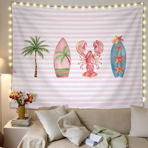 SkyCozy Pink Surf Coastal Beach Wall Tapestry,Surf Board Room Decor, Summer Coastal Preppy Trendy Retro East Coast Coquette Surfboard Crawfish Tapestry Decor for Girls Room College, 50x60 Inch - color: 01- Surf Coastal Tapestry(Pink)