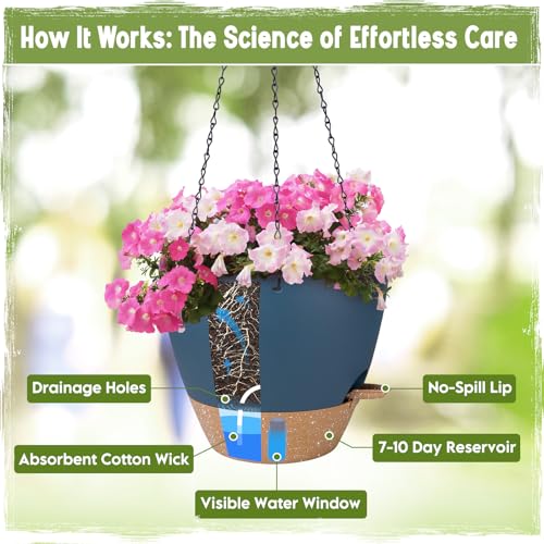 Self-Watering Hanging Planters with Water Level Window, 8/10 Inch Indoor Outdoor Hanging Plant Pots Includes Chain Hangers with Drainage Holes & Detachable Reservoir (Blue, 8+10 inch) - color: Blue