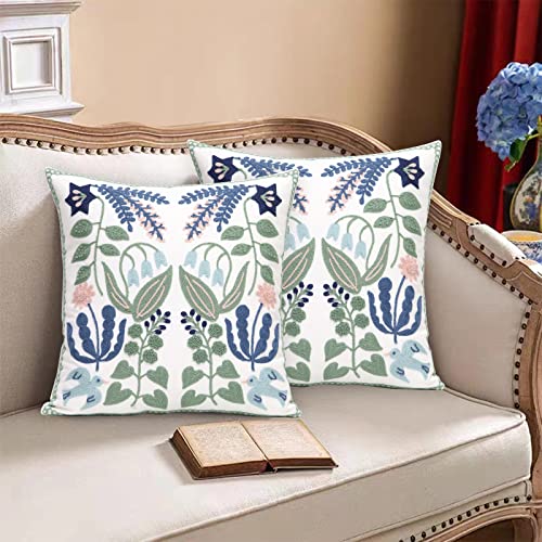 Pack of 2 Embroidered Decorative Throw Pillow Cover 18x18 Inch Farmhouse Floral Pillowcase for Living Room Sofa Bed (Bird Flower) - color: Bird Flower