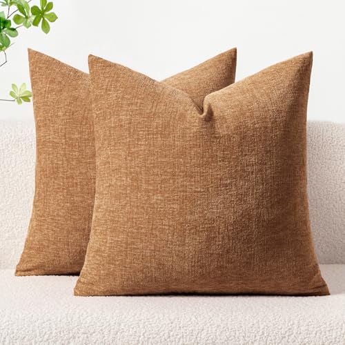 MIULEE Pack of 2 Brown Throw Pillow Covers 16x16 Inch Soft Chenille Pillow Covers for Sofa Living Room Couch Solid Dyed Cases - color: Brown, size: 16" x 16" (Pack of 2)