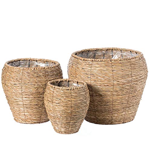 Vintiquewise Woven Round Flower Pot Planter Basket with Leak-Proof Plastic Lining- Set of 3 - size: Set of 3