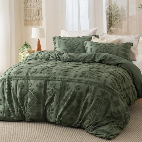Bedsure Boho Duvet Cover Queen Size, Soft & Comfortable Elegant Design Boho Bedding for Decoration, Machine Washable Comforter Cover for All Seasons,Includes 1 Duvet Cover & 2 Pillow Shams,Olive Green - color: 05 - Olive Green (No Comforter), size: Queen