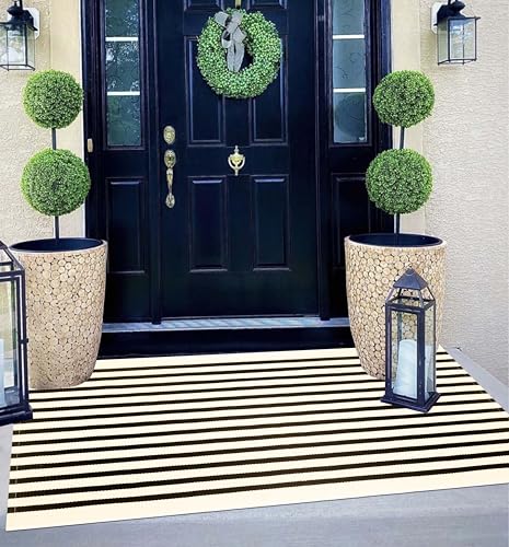 Striped Outdoor Rug 24"x51",Black and Beige Front Door Mat Cotton Woven Washable Farmhouse Layered Door Mats Throw Rugs for Porch/Bedroom/Home Entrance Decor - color: Beige Black, size: 2' x 4'3" (Rectangular)