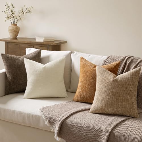 MIULEE Pack of 4 Brown Couch Throw Pillow Covers 16x16 Inch Soft Decorative Chenille Pillows Farmhouse Accent Cushions for Boho Home Decor Spring Sofa Bedroom Living Room - color: Brown, size: 16" x 16" (Pack of 4)