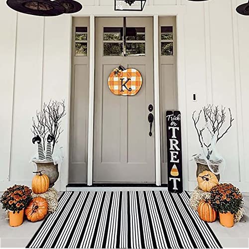 Black and White Striped Outdoor Rug Front Porch Rug 35.4'' x 59'' Front Door Mat Cotton Hand-Woven Reversible Mats for Outdoor,Entryway,Laundry Room,Farmhouse,Kitchen - color: Black&white Stripe, size: 3' x 5' (Rectangular)