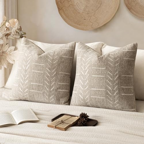 Home Décor Decorative Boho Accent Chenille Throw Pillow Covers, Textured Neutral Cushion Covers, Soft Farmhouse Pillowcase for Couch Sofa Chair Bed Living Room, 18×18 Inch, Set of 2, Beige - color: Beige, size: 18" x 18" (Pack of 2)