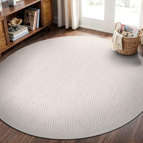 CAMILSON Easy Jute Round Rug 4ft Indoor Outdoor Off-White Color Fiber Area Rugs for Living Room and Patio Rug Herringbone Boho Woven Design Easy-Cleaning Washable Outside Carpet Alfombras (4 Round) - color: Herringbone/Bone, size: 4' (Round)