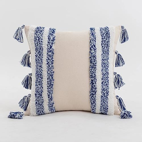 Boho Tufted Throw Pillow with Tassels, Country Thick Striped Style Soft Cushion Cover Decor wuth Zipper for Chair Bed Couch Living Room (Blue,18" x 18") - color: Blue, size: 18 x 18-Inch
