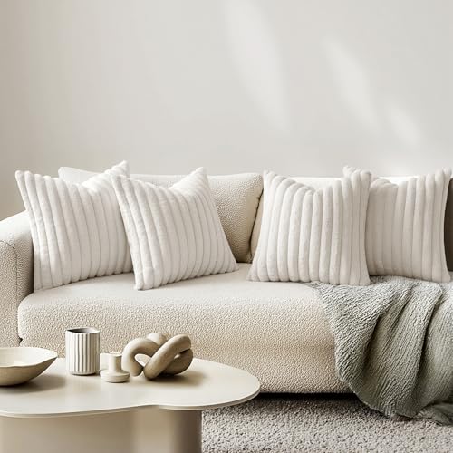 MIULEE Faux Fur Plush Decorative Throw Pillow Covers 18x18 Set of 4, Spring Modern Soft Fuzzy Striped Cushion Covers for Spring Sofa Couch Bed Living Room Cozy Home Decor,Pure White - color: Pure White, size: 18" x 18" (Pack of 4)