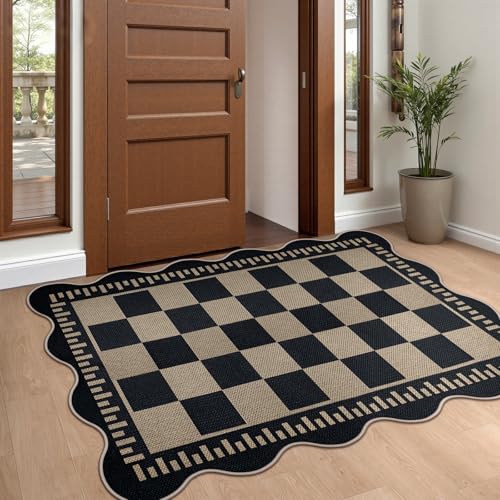 Checkered Easy Jute Front Door Mat, 2.6x4 Washable Entryway Rug Non Slip Small Kitchen Rug, Farmhouse Low Pile Floor Scalloped Rugs for Doorway Porch Bathroom - color: Black Checkered, size: 2.6'x4' (Rectangular)