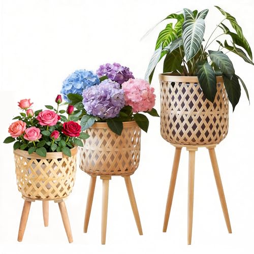 Boho rattan plant stand set of 2/3 – handwoven tall elevated wicker plant baskets for indoor plants, mid-century modern wooden planter holder with tripod legs,no-tool assembly，apartment gardening， farmhouse home decor, ideal gift for houseplant lovers - s