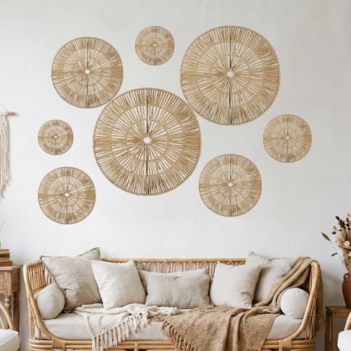 Yerliker 8 Pack Boho Wall Baskets Decor Large Hanging Woven Wicker Wall Art 23", 21", 15", 13", 12", 10", 8", 7" round Decorative Baskets for Bedroom, Living Room, Home, Office
