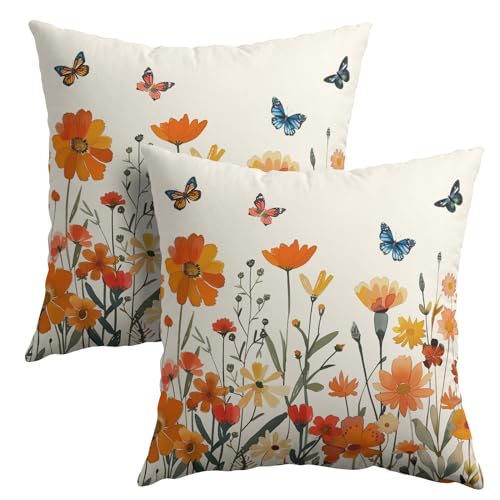 Fall Thanksgiving Floral Pillow Covers 16x16 Inches Orange Flower Butterflies Throw Pillow Case Set of 2 Autumn Decorative Pillow Cover Cotton Linen Cushion Cover for Home Couch Sofa Livingroom - color: Fall Floral, size: 16" x 16" (Pack of 2)