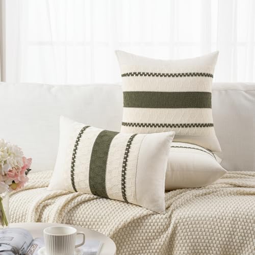 Fancy Homi Set of 2 Boho Olive Green Decorative Throw Pillow Cover 16x16 Inch for Couch Bed Sofa, Aesthetic Modern Organic Farmhouse Home Decor, Soft Cotton Cute Accent Macrame Woven Cushion Case - color: Olive Green, size: 16" x 16" (Pack of 2)