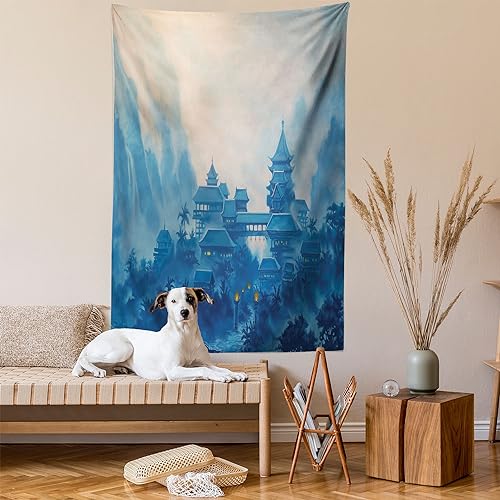 Ambesonne East Tapestry, Watercolor Painting Chinese Building Paint Mist at Night Oriental Image Illustration, Wall Hanging for Bedroom Living Room Dorm Decor, 40" X 60", Blue - color: Blue, size: 60"L x 40"W