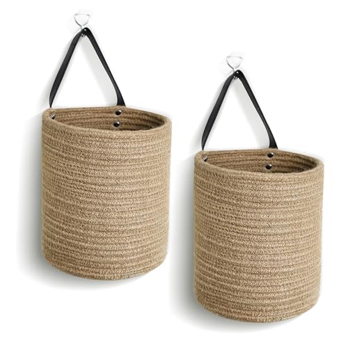 Hanging Basket 2 Pack, Small Wicker Wall Baskets for Organizing, Woven Boho Wall Hanging Decor, Indoor Plant Holder, Cotton Rope Door Organizer, Shelf Storage Bin, 7"D x 8"H (Jute) - color: Jute