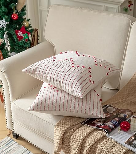 Caflife Boho Christmas Throw Pillow Covers 22x22 Set of 2, Holiday Christmas Decorative Pillow Covers Beige with Red Line for Modern Farmhouse Couch Sofa Bedroom Living Room Outdoor - color: Red Beige, size: 22" x 22" (Pack of 2)