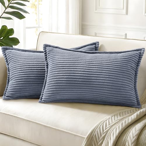 decorUhome Summer Corduroy Blue Grey Throw Pillow Covers 12x20 Set of 2 Decorative Soft Boho Farmhouse Lumbar Couch Pillow Covers for Living Room Bed Sofa Broadside Striped Pillow Cases - color: Blue Grey, size: 20" x 12" (Pack of 2)