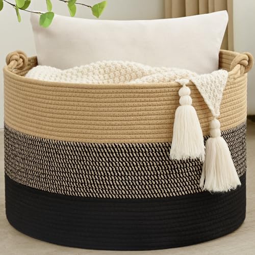 67L Large Blanket Basket, 20"x13" Woven Storage Baskets With Handle, Cotton Rope Blanket Basket Living Room, Baby Laundry hamper for Blanket, Nursery, Toy, Pillow (Brown & Black) - color: Brown & Black, size: 67L