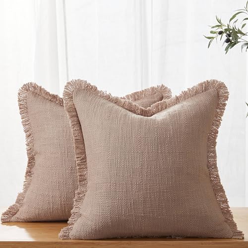 Decorative Throw Pillow Covers Set of 2,18x18 Inch Boho Farmhouse Cushion Covers with Tassels Natural Fringe Design for Couch Sofa Living Room Decor (Pink, 18"x18"(Pack of 2)) - color: Pink