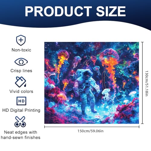 CRAFTYMELODY Astronaut Blacklight Tapestry Glow in the Dark Tapestry UV Reactive Colorful Jellyfish Wall Hanging 59×51 Inch with Hook Self Adhesive Sticker Clip for Bedroom Home Wall Decoration - color: Jellyfish Astronaut